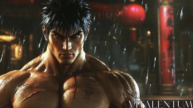 Rain‑scarred warrior locked in a crimson lantern stare.