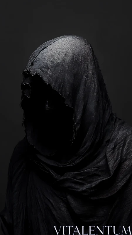 Textured black hooded figure in high-contrast low-key lighting.