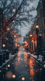 Snow-covered residential street shows winter lights at dusk