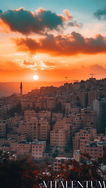 Sunset-illuminated hillside cityscape with dense midrise blocks