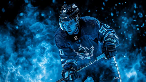 Ice hockey player skates forward through blue digital smoke