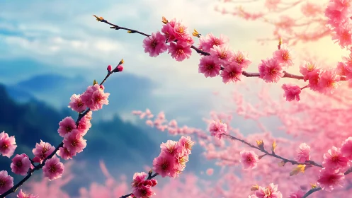 Pink Blossoms Against Mountain Skies.