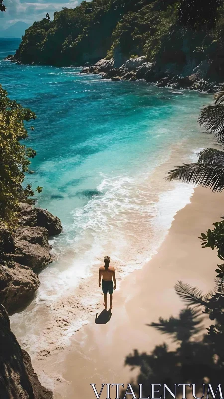 Solitary Traveler Descending to Tropical Paradise Beach.