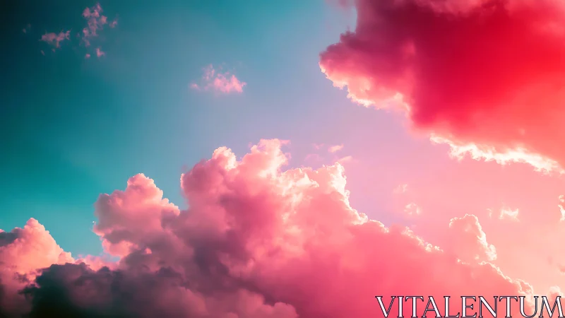 Pink cumulus cloudscape under cyan and magenta sky.