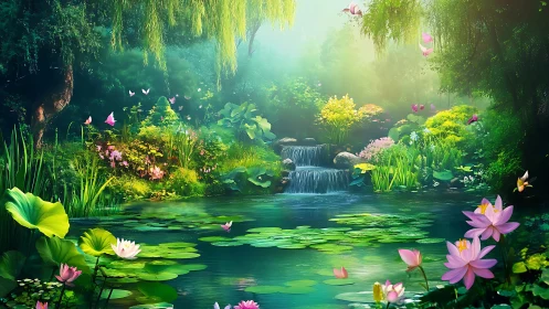 Enchanted garden pond with waterfall and vibrant flowers, fantasy art.