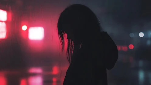 Neon rain silhouette portrait in cinematic cyberpunk frame.