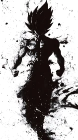 Ink-splattered warrior silhouette in dynamic frontal stance.