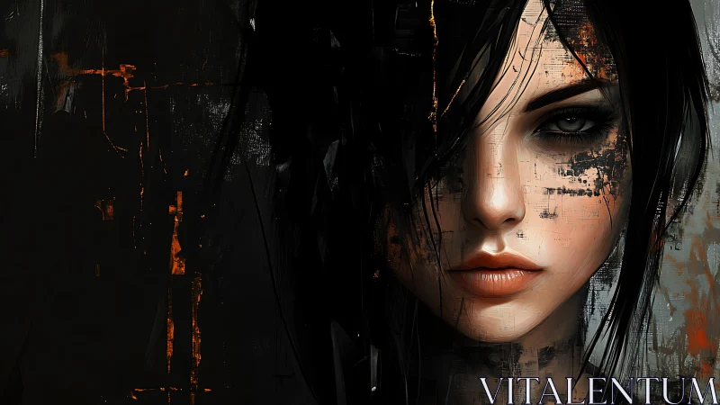 Fragmented cyber portrait of woman amid abstract decay.