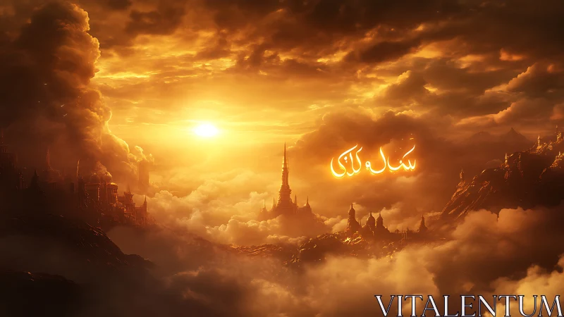 Sunlit fantasy city skyline rising above dense golden clouds