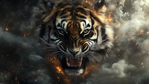 Tiger head emerging from smoky, fiery atmospheric clouds.