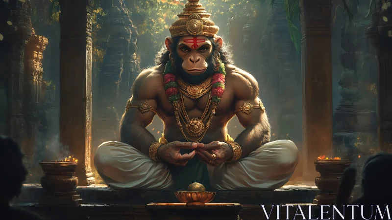 Monkey-headed deity figure sits cross-legged in ornate temple