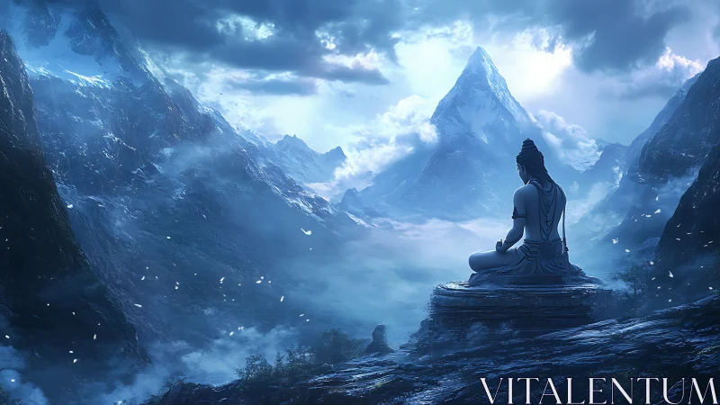 Meditating figure seated before vast icy mountain range.