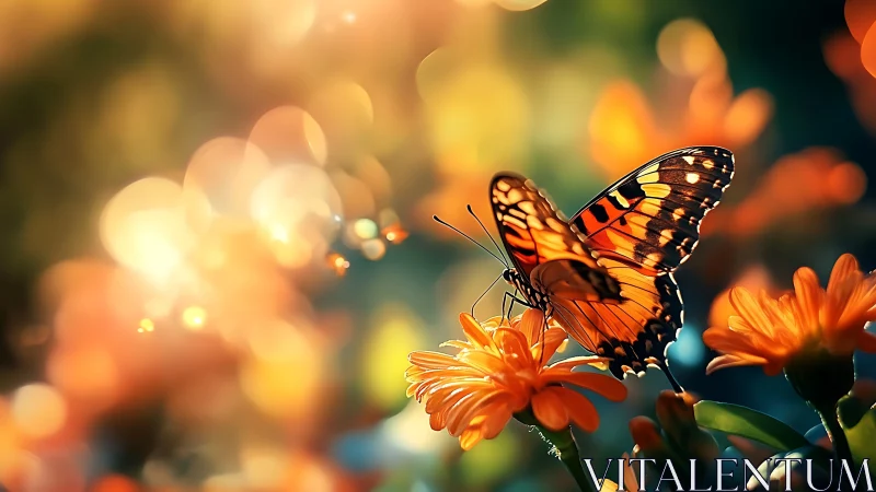 Butterfly rests on orange flowers in shallow depth of field