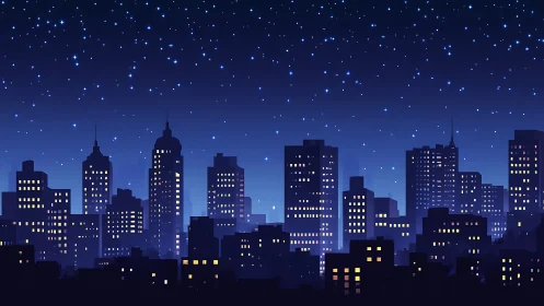 Starlit city skyline glowing softly against deep blue night.