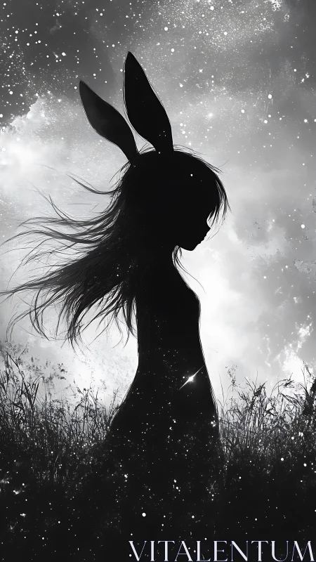 Moonlit bunny-eared silhouette in a softly glowing field.