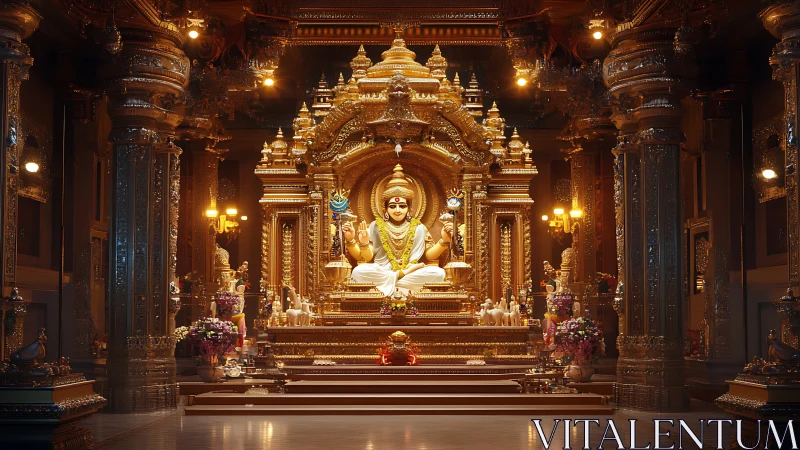 Golden temple deity glows in an ornate, candlelit sanctuary
