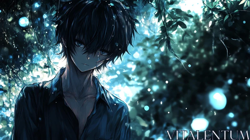 Solitary anime boy in luminous forest bokeh glow at dusk.