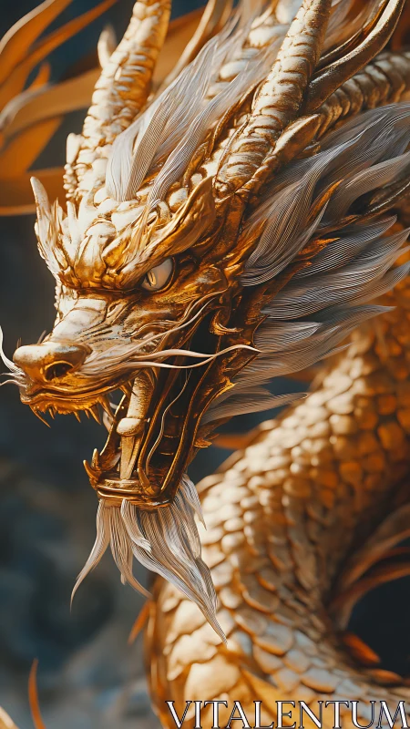 Golden dragon head erupts with razor detail and motion.