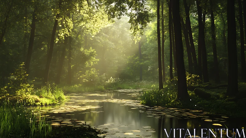 Sunlit forest stream flowing through deciduous woodland