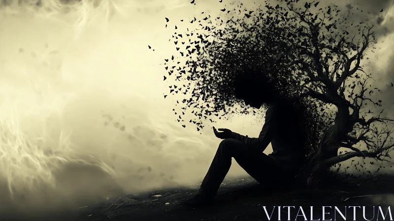 Quiet silhouette beneath a fading tree of scattered thoughts.