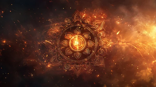 Celestial fire mandala swirling in a cosmic golden storm.
