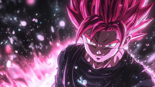 Pink energy warrior with intense aura in cosmic storm.