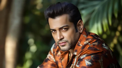 Man in patterned shirt posed outdoors against foliage backdrop.
