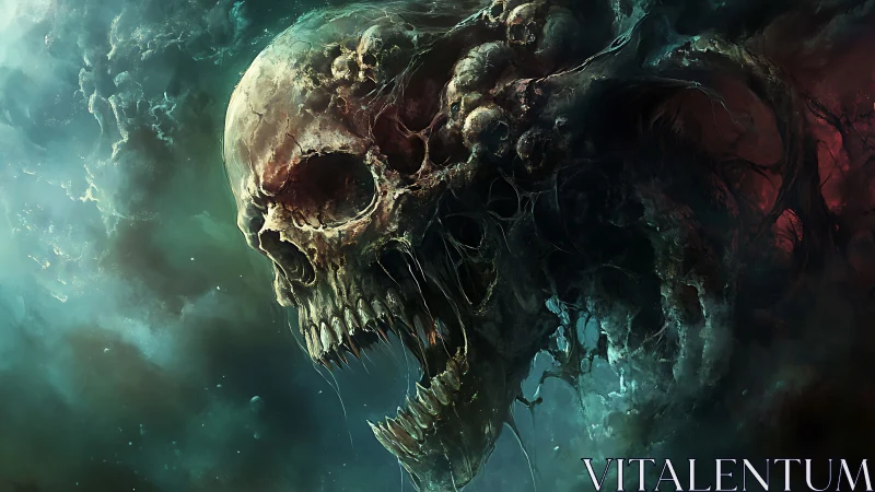 Haunting cosmic skull adrift in swirling dreamlike mist.