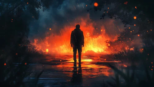 Solitary Figure Silhouetted Against Massive Wildfire
