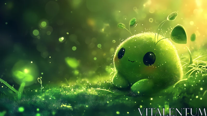 Bioluminescent moss sprite with dewy leaf antennae in bokeh field.