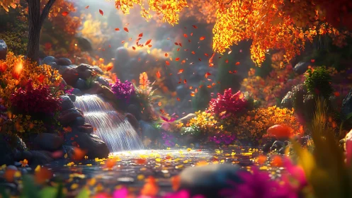 Enchanted autumn waterfall shimmers through glowing forest light