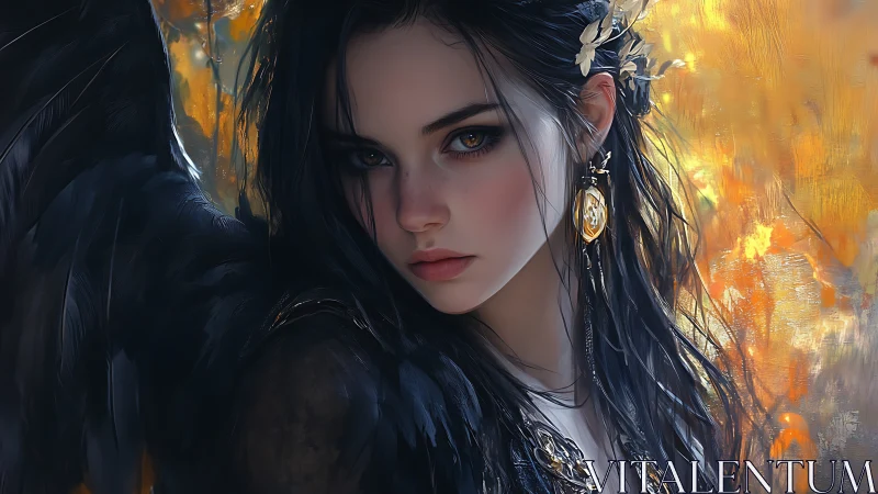Digital painting portrait of dark-winged girl in autumn light.