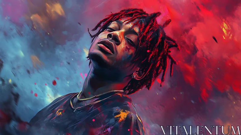 Digital portrait of person amid red and blue abstract clouds