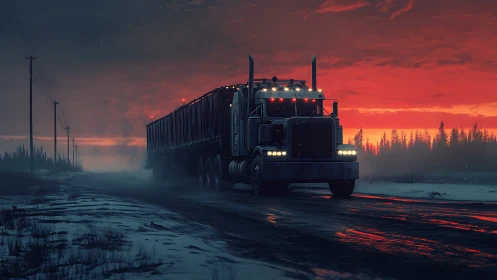 Freight truck powers through icy highway under red sunset.