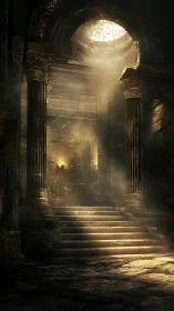Golden light spilling into an ancient stone hall.