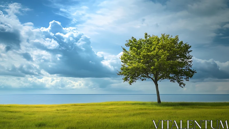 Solitary Green Tree on Grassy Field beside Calm Blue Lake, Realistic Style.