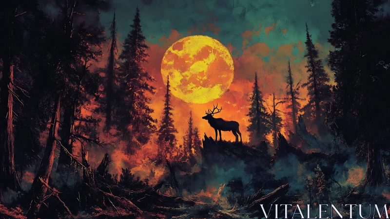 Silhouette of stag before large orange moon in dense forest.