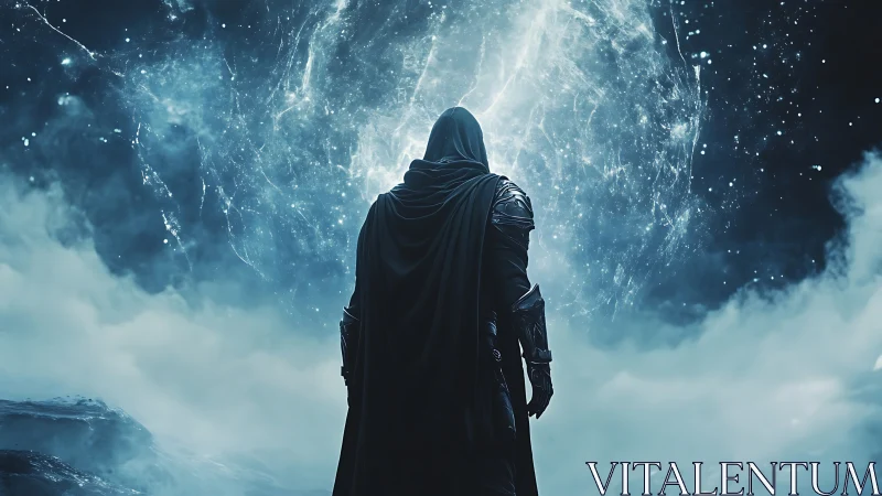 Cloaked starwalker confronting a storming cosmic veil.