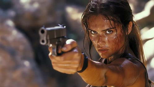 Battle-hardened fighter aims handgun in harsh desert light.