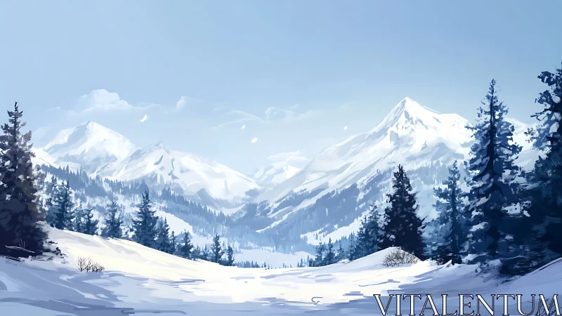 Digital alpine valley panorama under crisp winter daylight