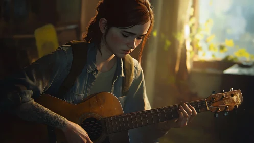 Young guitarist reflects quietly in warm afternoon light.