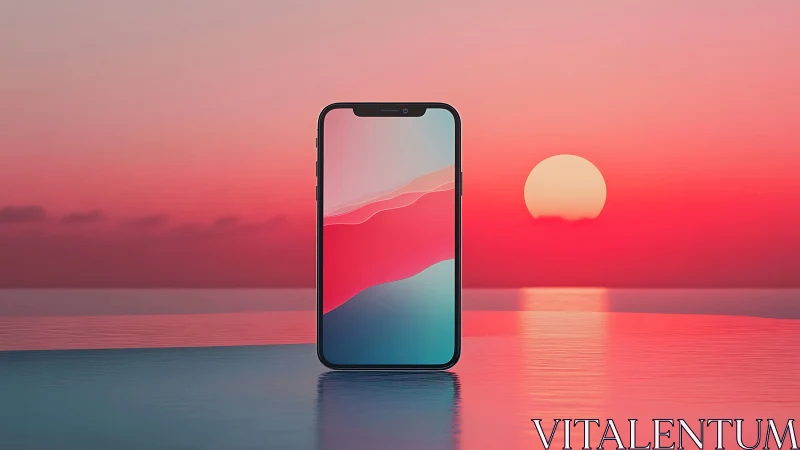 Serene smartphone glowing gently against a dreamy sunset horizon.