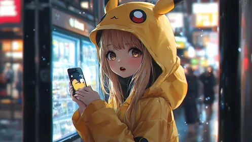 Girl in yellow character hoodie using phone at night street.