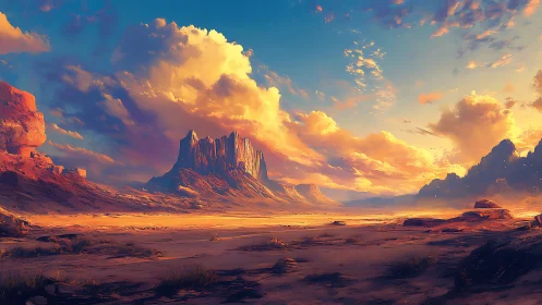 Sunlit desert mesa rises beneath glowing evening clouds.