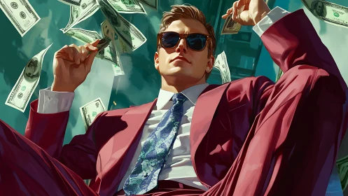 Confident man in crimson suit basking in a whirlwind of cash.