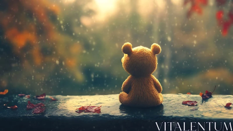 Plush bear observes autumn rain in softly blurred landscape