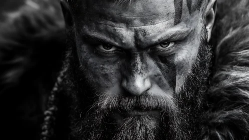 Monochrome warrior portrait with intense battle focus.
