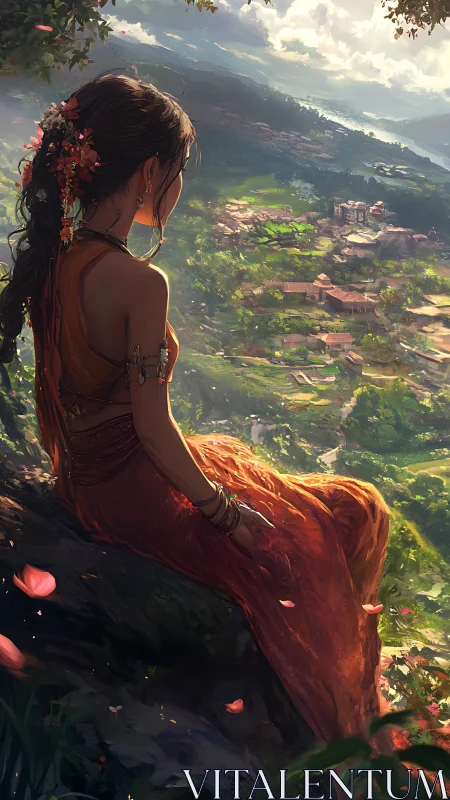 Woman in flowing red dress overlooks sunlit valley village