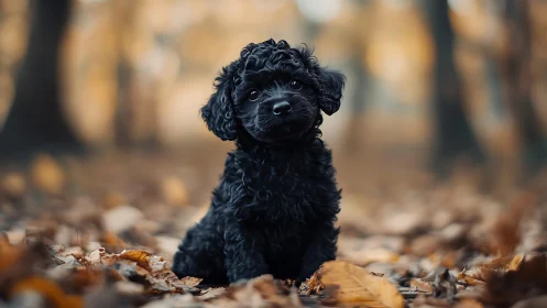 Curly black puppy sits among autumn leaves in soft woodland.