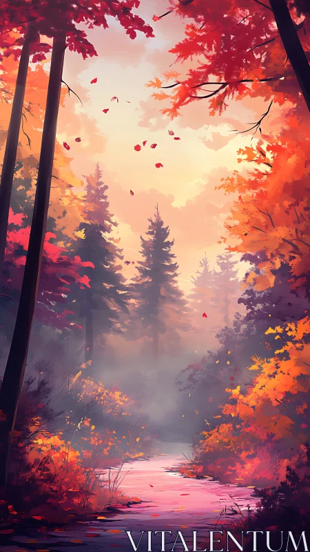 Autumn forest landscape with stream and atmospheric foliage.